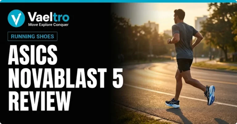Asics Novablast 5 Review: Is It Worth the Hype? Male runner on an urban road wearing ASICS Novablast 5 shoes at early morning