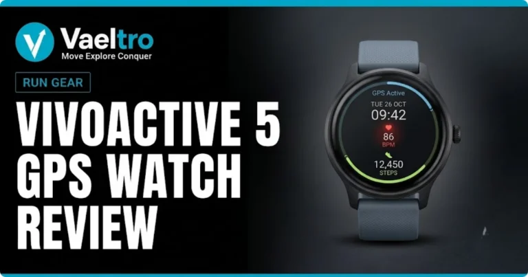 Garmin Vivoactive 5 smartwatch showing AMOLED display, slim case design for runners and walkers