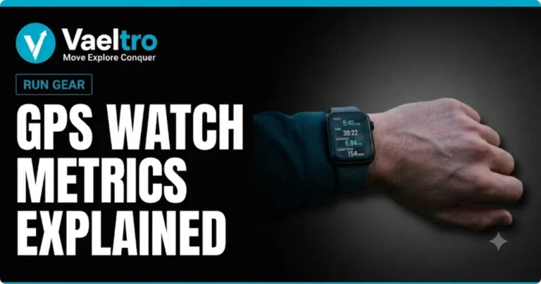 Runner checking GPS watch displaying metrics including pace and heart rate during an outdoor run