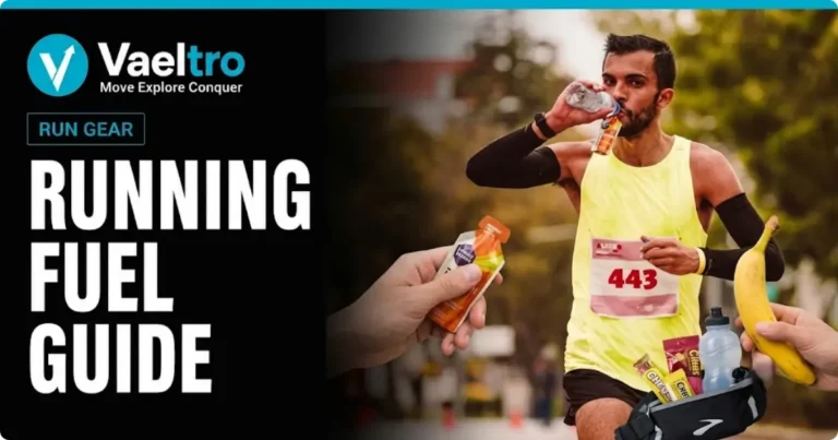 A runner fueling mid-run with an energy gel on a road race course
